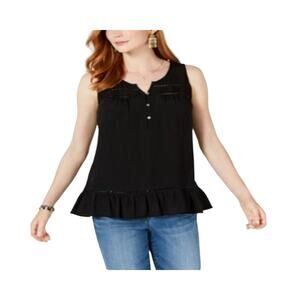Style & Co Women Ruffle Hem Open Trim Tank Top Petite PXL Deep Black NWT Boho